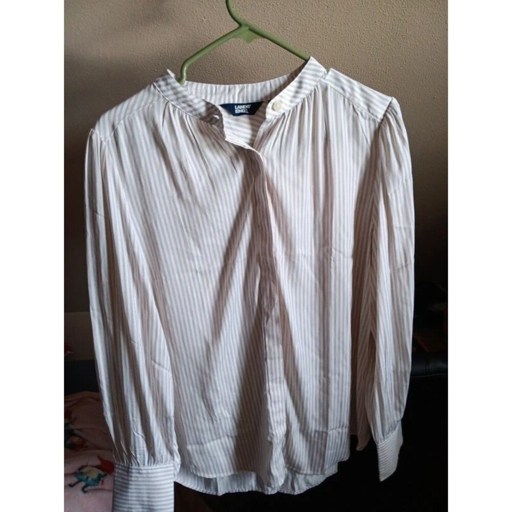 white and yellow striped long sleeve blouse by lands end